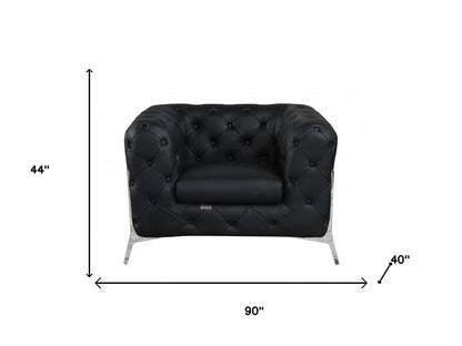 Three Piece Indoor Black Italian Leather Six Person Seating Set