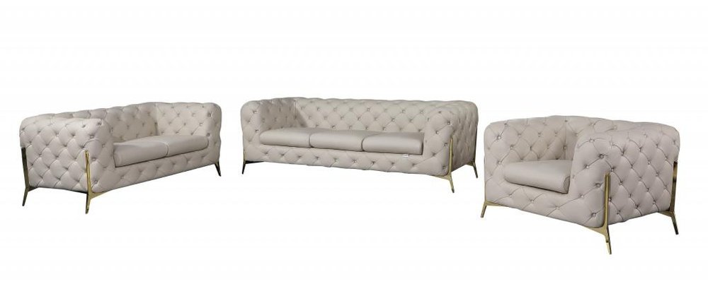 Three Piece Indoor Beige Italian Leather Six Person Seating Set