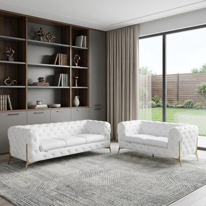 Two Piece Indoor White Italian Leather Five Person Seating Set