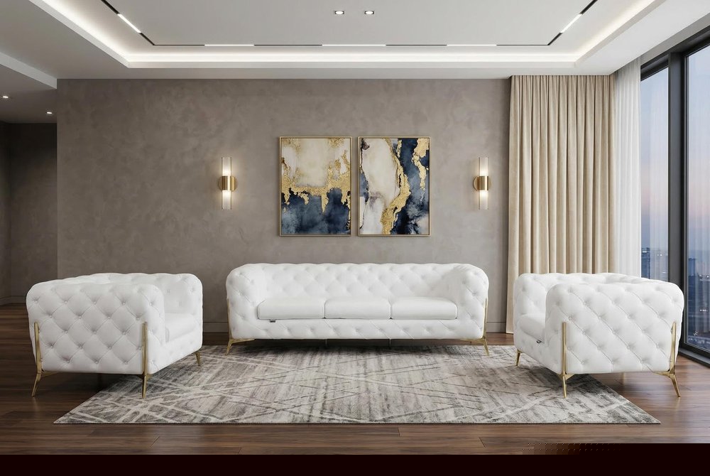 Three Piece Indoor White Italian Leather Five Person Seating Set