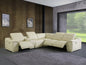 Beige Italian Leather Power Reclining U Shaped Six Piece Corner Sectional With Console