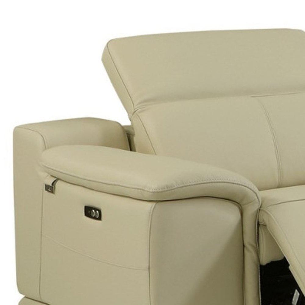 Beige Italian Leather Power Reclining U Shaped Six Piece Corner Sectional With Console