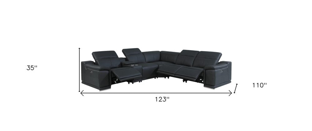Black Italian Leather Power Reclining U Shaped Six Piece Corner Sectional With Console