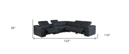Black Italian Leather Power Reclining U Shaped Six Piece Corner Sectional With Console