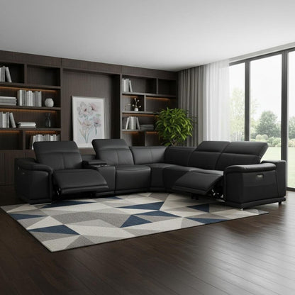 Black Italian Leather Power Reclining U Shaped Six Piece Corner Sectional With Console