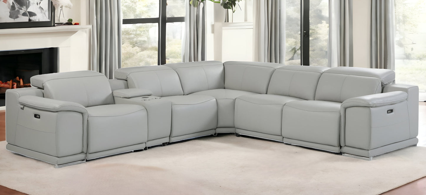 Light Gray Italian Leather Power Reclining U Shaped Six Piece Corner Sectional With Console