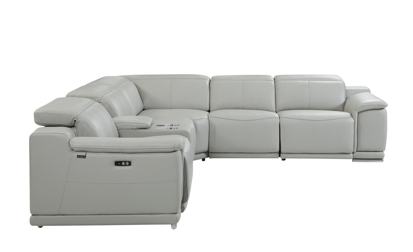 Light Gray Italian Leather Power Reclining U Shaped Six Piece Corner Sectional With Console