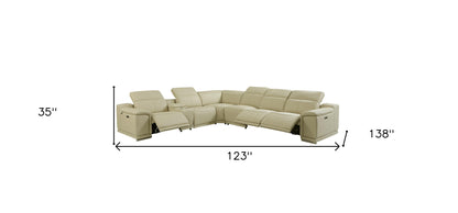 Beige Italian Leather Power Reclining U Shaped Seven Piece Corner Sectional With Console