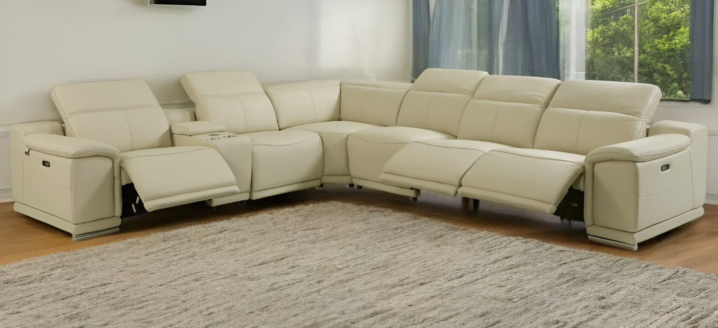 Beige Italian Leather Power Reclining U Shaped Seven Piece Corner Sectional With Console