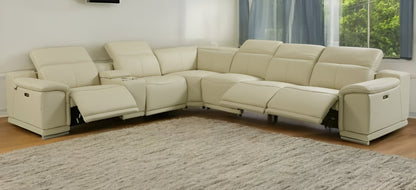 Beige Italian Leather Power Reclining U Shaped Seven Piece Corner Sectional With Console