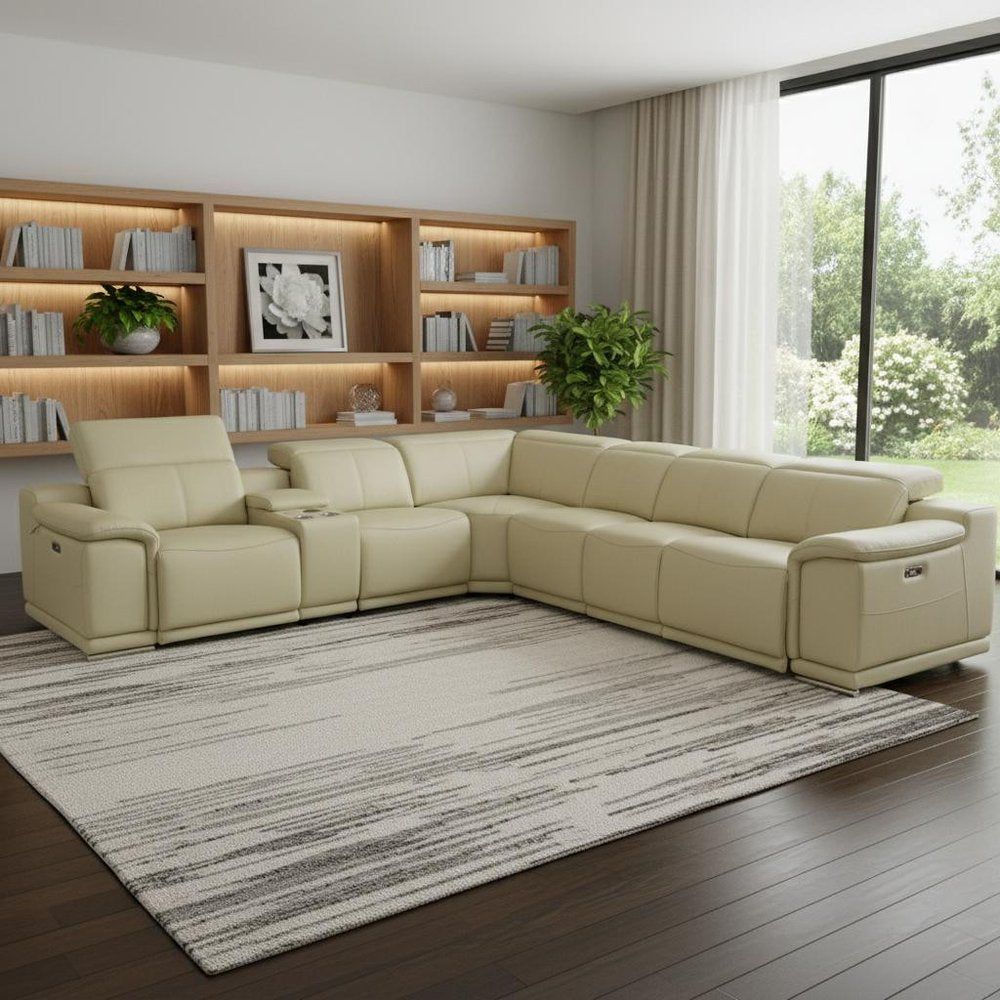 Beige Italian Leather Power Reclining U Shaped Seven Piece Corner Sectional With Console