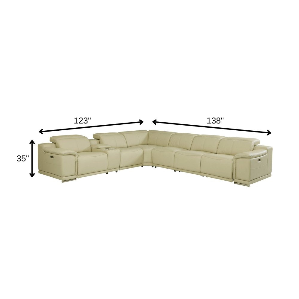 Beige Italian Leather Power Reclining U Shaped Seven Piece Corner Sectional With Console