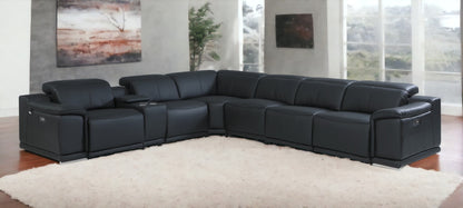 Black Italian Leather Power Reclining U Shaped Seven Piece Corner Sectional With Console