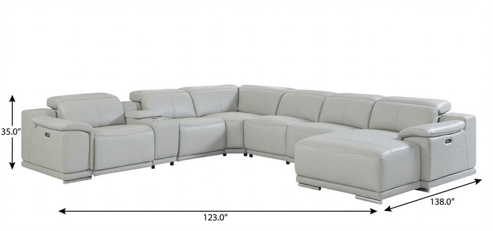 Light Gray Italian Leather Power Reclining U Shaped Seven Piece Corner Sectional With Console