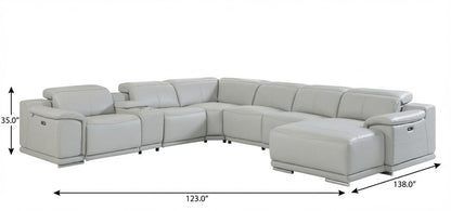Light Gray Italian Leather Power Reclining U Shaped Seven Piece Corner Sectional With Console
