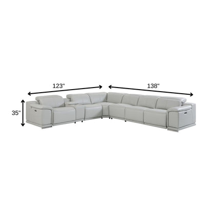Light Gray Italian Leather Power Reclining U Shaped Seven Piece Corner Sectional With Console