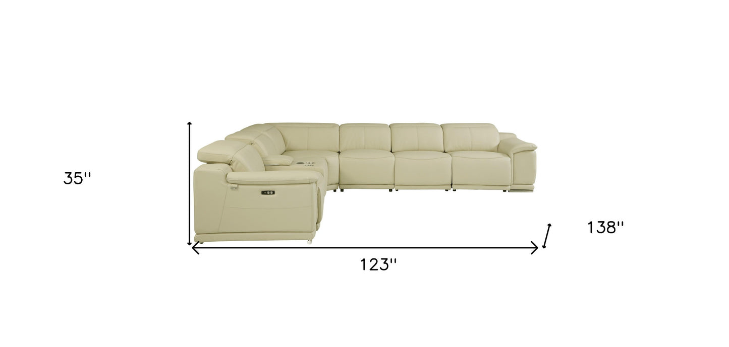 Beige Italian Leather Power Reclining U Shaped Seven Piece Corner Sectional With Console