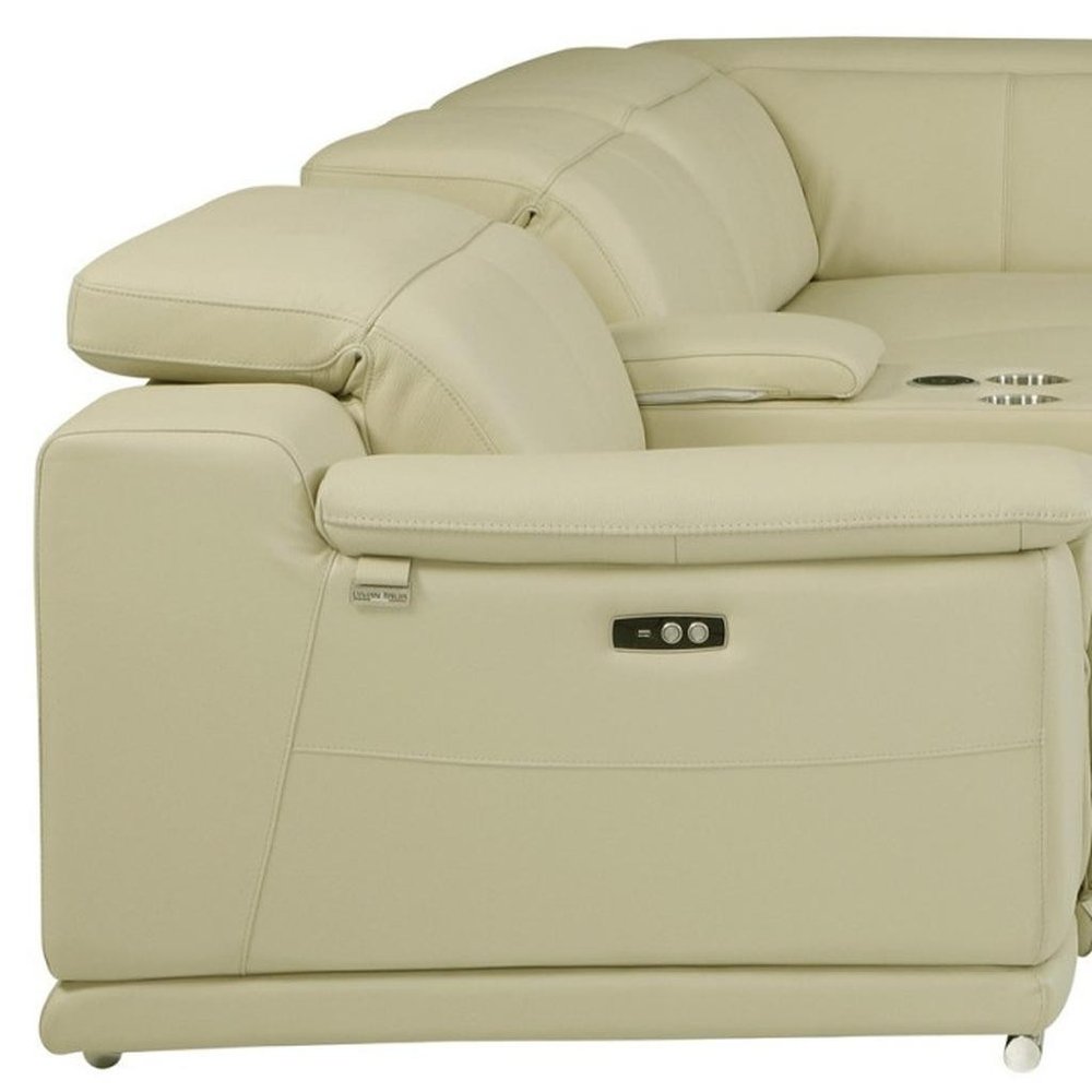 Beige Italian Leather Power Reclining U Shaped Seven Piece Corner Sectional With Console