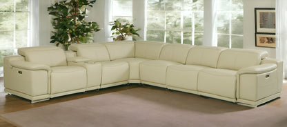 Beige Italian Leather Power Reclining U Shaped Seven Piece Corner Sectional With Console