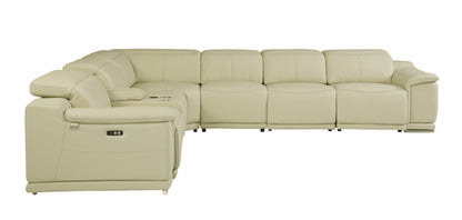 Beige Italian Leather Power Reclining U Shaped Seven Piece Corner Sectional With Console