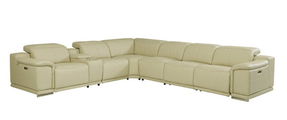 Beige Italian Leather Power Reclining U Shaped Seven Piece Corner Sectional With Console