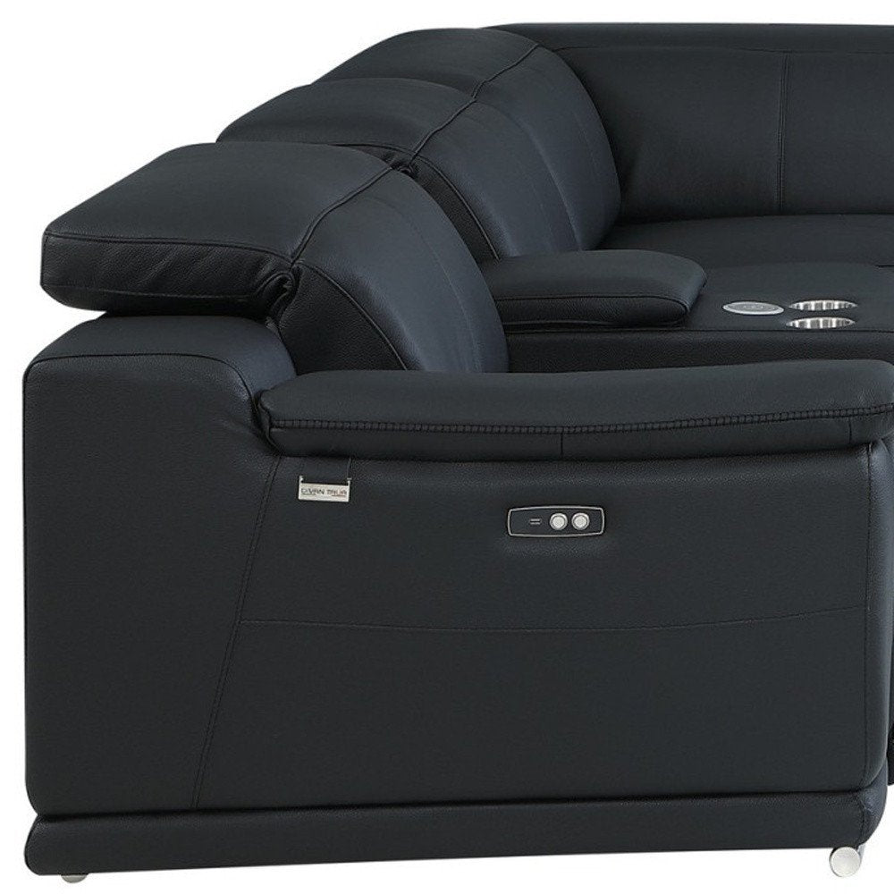 Black Italian Leather Power Reclining U Shaped Seven Piece Corner Sectional With Console