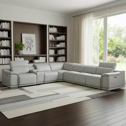 Light Gray Italian Leather Power Reclining U Shaped Seven Piece Corner Sectional With Console