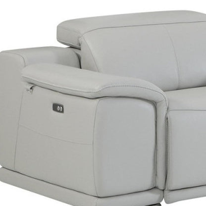 Light Gray Italian Leather Power Reclining U Shaped Seven Piece Corner Sectional With Console
