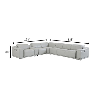 Light Gray Italian Leather Power Reclining U Shaped Seven Piece Corner Sectional With Console