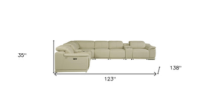 Beige Italian Leather Power Reclining U Shaped Eight Piece Corner Sectional With Console