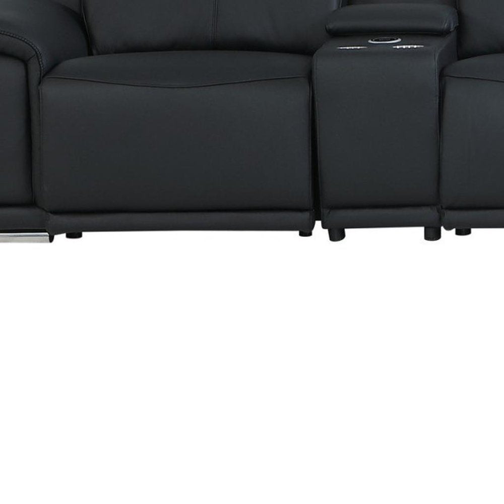 Black Italian Leather Power Reclining U Shaped Eight Piece Corner Sectional With Console