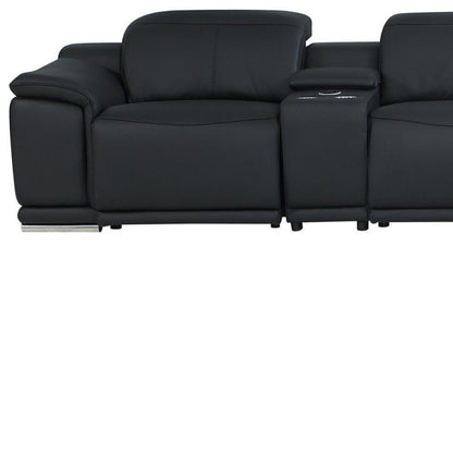 Black Italian Leather Power Reclining U Shaped Eight Piece Corner Sectional With Console