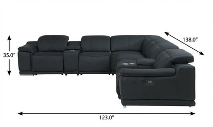 Black Italian Leather Power Reclining U Shaped Eight Piece Corner Sectional With Console