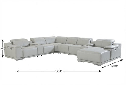 Light Gray Italian Leather Power Reclining U Shaped Eight Piece Corner Sectional With Console