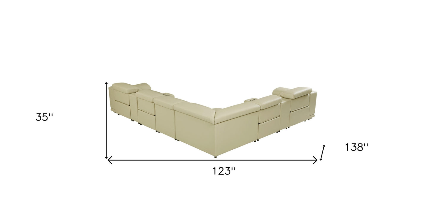 Beige Italian Leather Power Reclining U Shaped Eight Piece Corner Sectional With Console