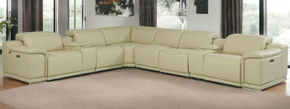 Beige Italian Leather Power Reclining U Shaped Eight Piece Corner Sectional With Console