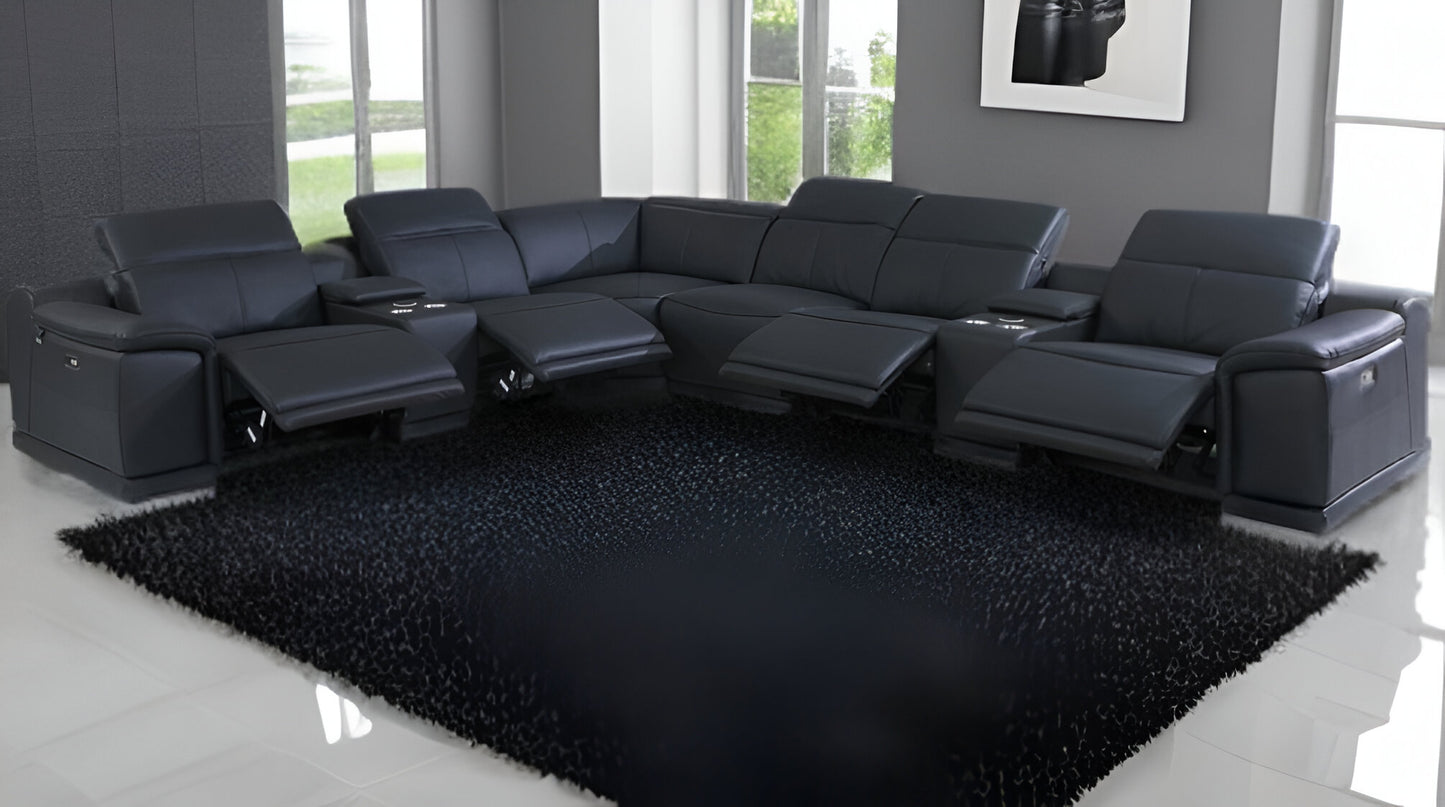 Black Italian Leather Power Reclining U Shaped Eight Piece Corner Sectional With Console