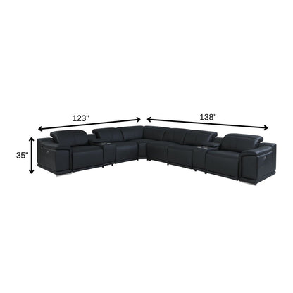 Black Italian Leather Power Reclining U Shaped Eight Piece Corner Sectional With Console