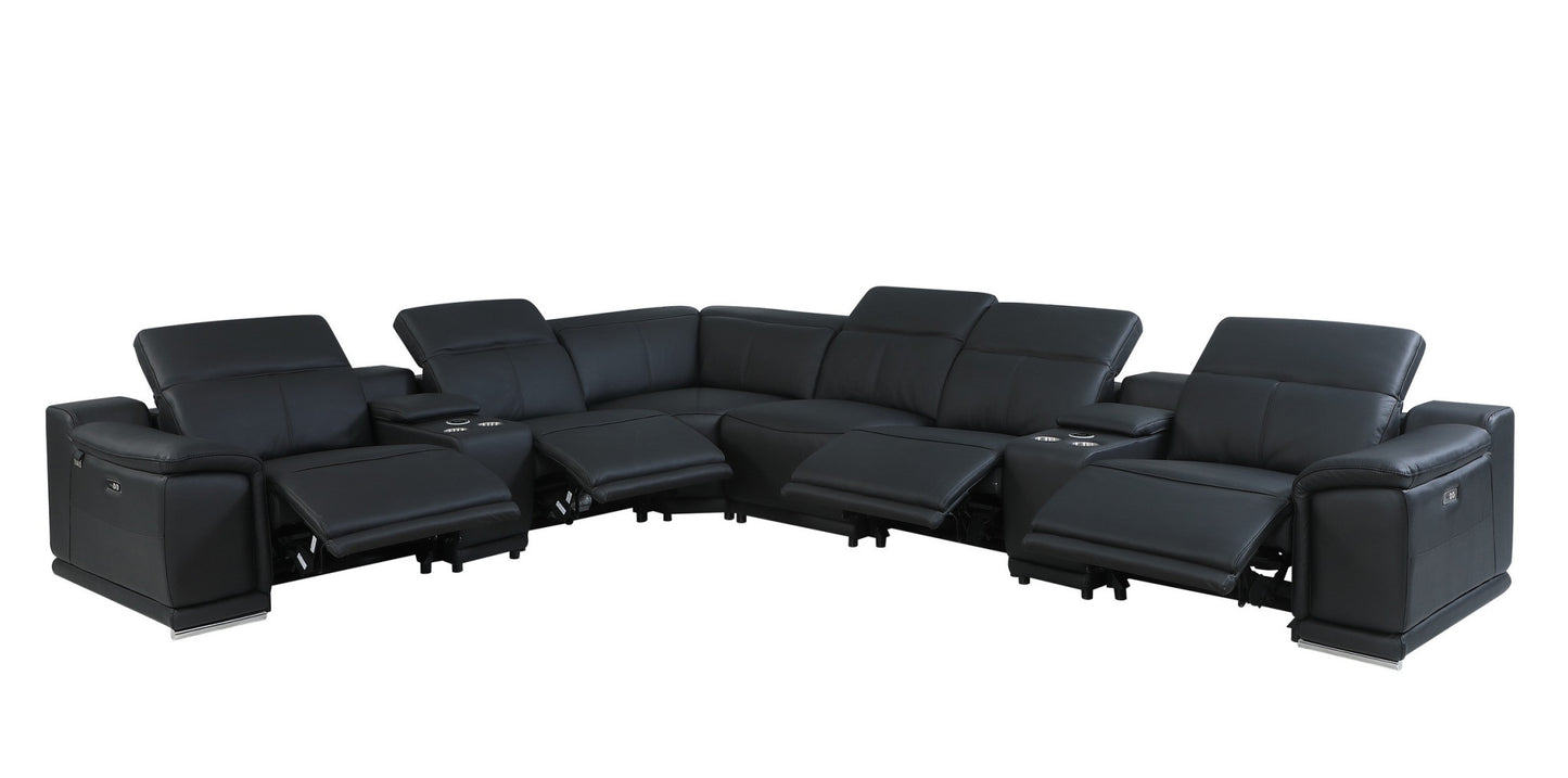 Black Italian Leather Power Reclining U Shaped Eight Piece Corner Sectional With Console