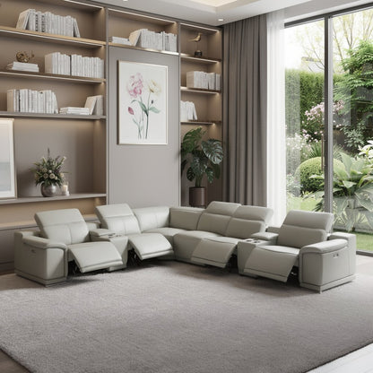 Light Gray Italian Leather Power Reclining U Shaped Eight Piece Corner Sectional With Console
