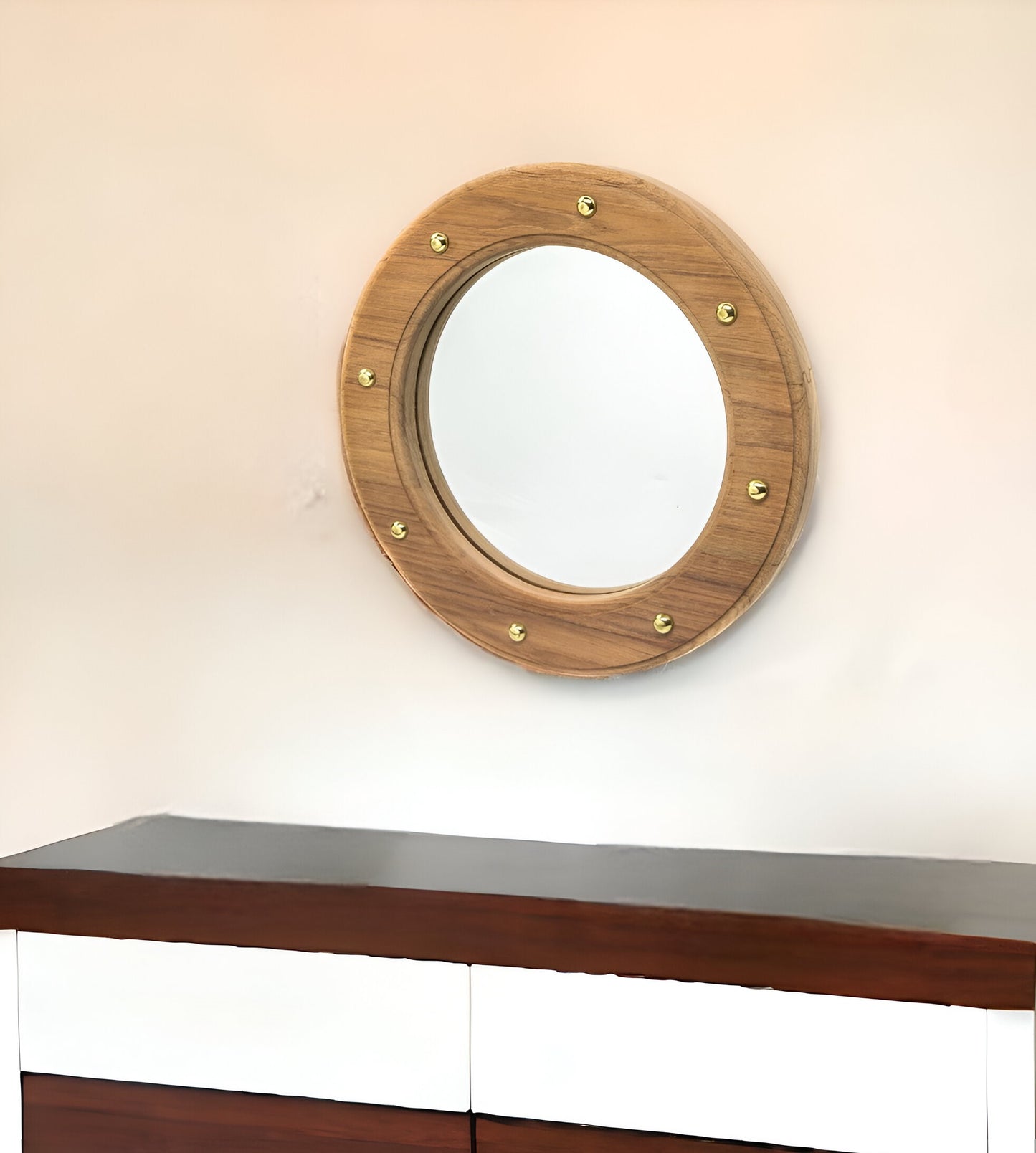 11" Round Wall Mounted Teak Wood Mirror with Nautical Rivets