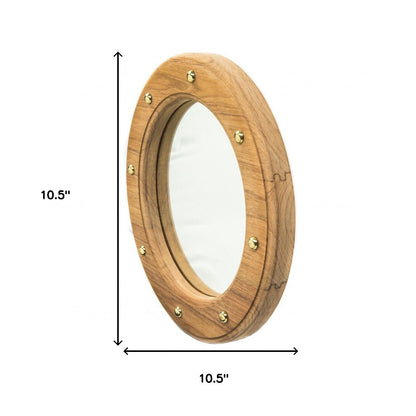 11" Round Wall Mounted Teak Wood Mirror with Nautical Rivets