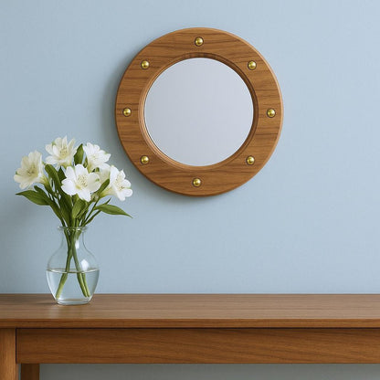 11" Brown Solid Wood Round Accent Mirror