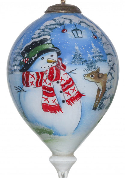 Adorable Snowman and Deer Hand Painted Mouth Blown Glass Ornament