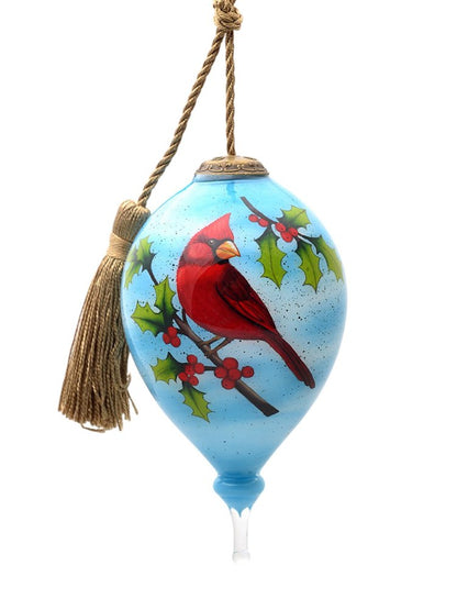 Red Cardinal on Christmas Holly Branches Hand Painted Mouth Blown Glass Ornament