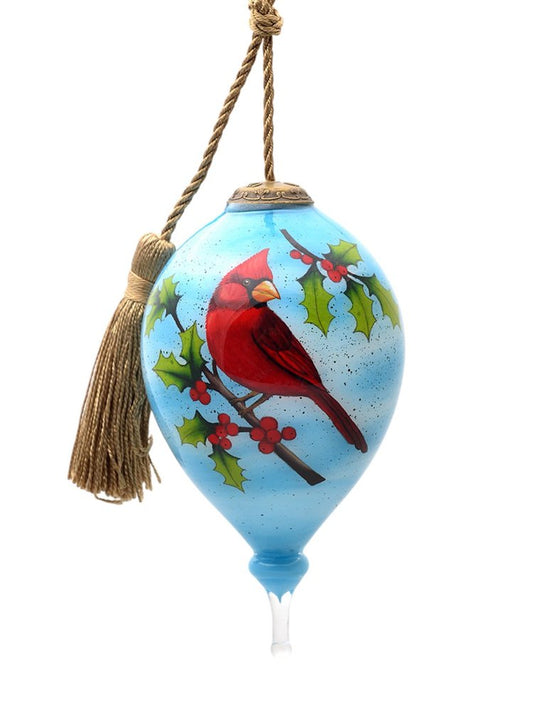 Red Cardinal on Christmas Holly Branches Hand Painted Mouth Blown Glass Ornament