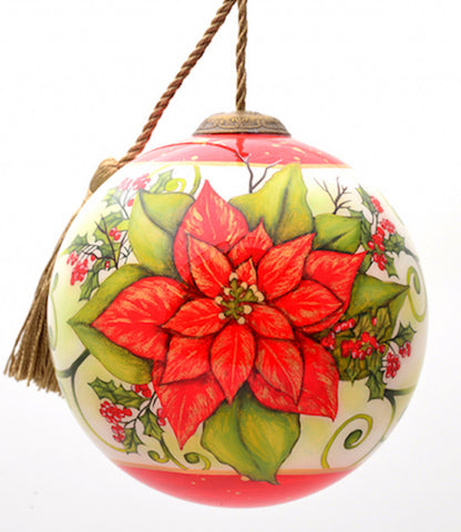 Poinsettia Flower Hand Painted Mouth Blown Glass Ornament