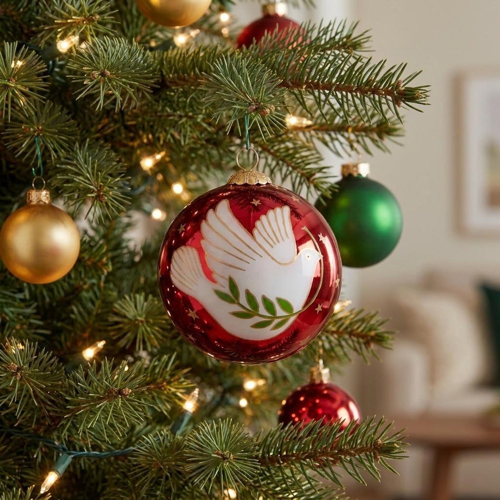 Peace on Earth Dove Hand Painted Pink And White Glass Ball Ornament