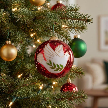 Peace on Earth Dove Hand Painted Pink And White Glass Ball Ornament