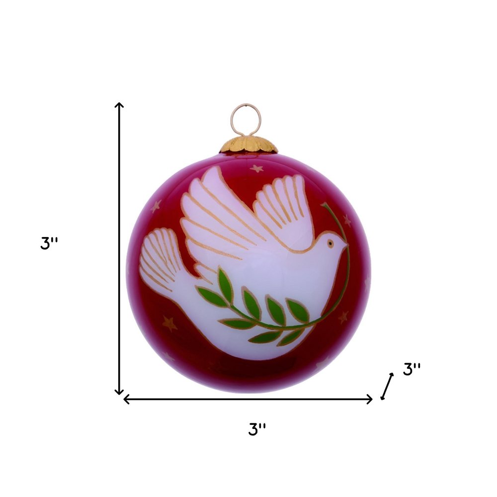 Peace on Earth Dove Hand Painted Pink And White Glass Ball Ornament